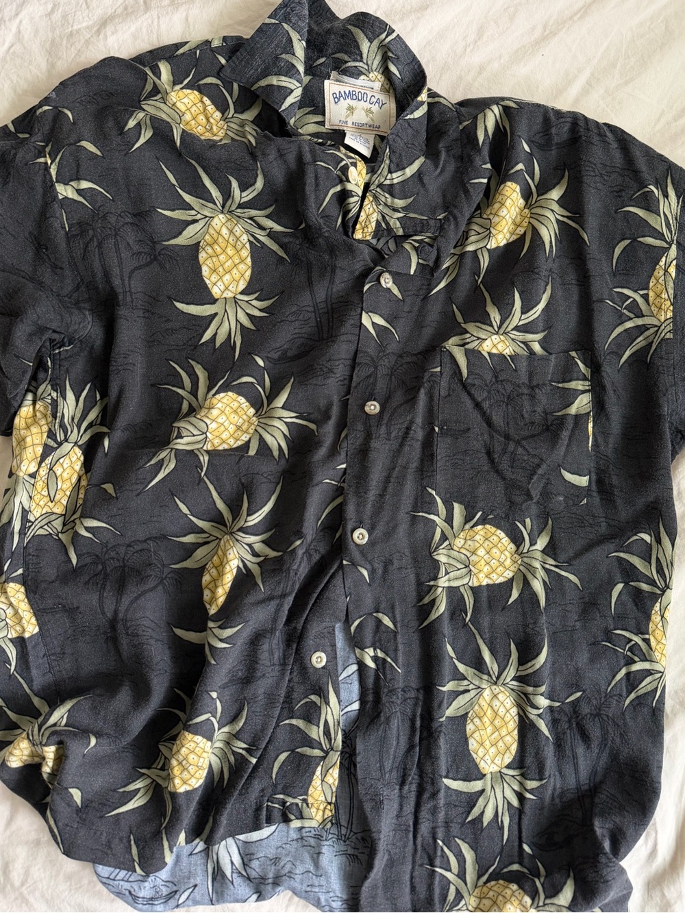 BAMBOO Black Short-Sleeve Button-Down Shirt with Yellow Pineapple Print